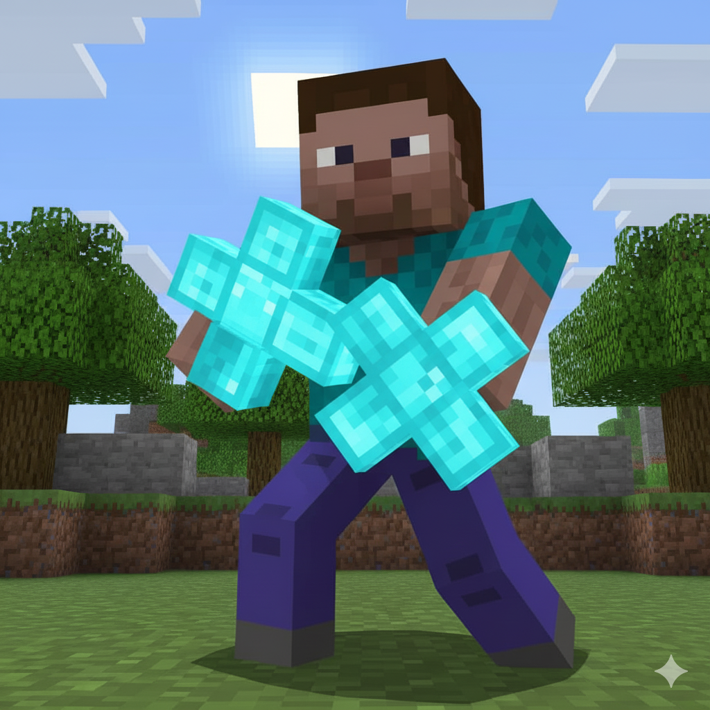 Minecraft Steve character holding a diamond plus and a diamond times symbol, care of Google Gemini